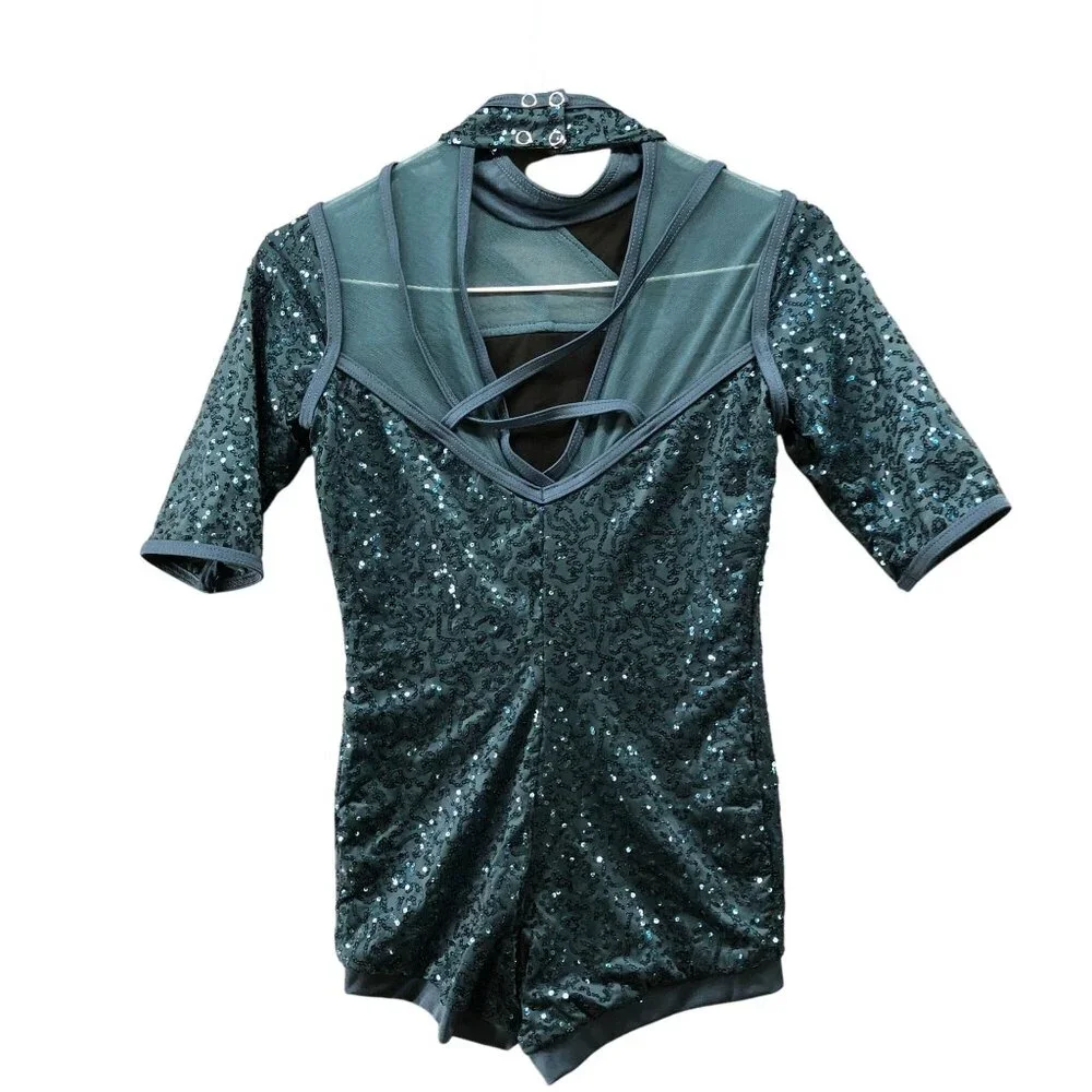 Weissman Biketard‎ Mesh Sequin Girls LC (14) TTYLXOX Teal Dance Costume